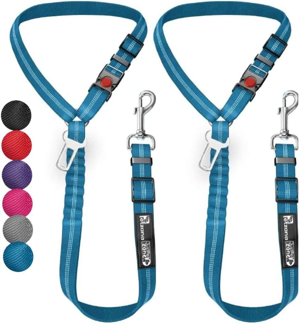 Comfortable Dog Seat Belt Harness for Car - 2-In-1 Leash and Restraint Secures to Headrest. Adjustable Bungee, Strong, Durable, 360 Degree Swivel Attach Won'T Twist, Reflective, Easy to Use (Blue)
