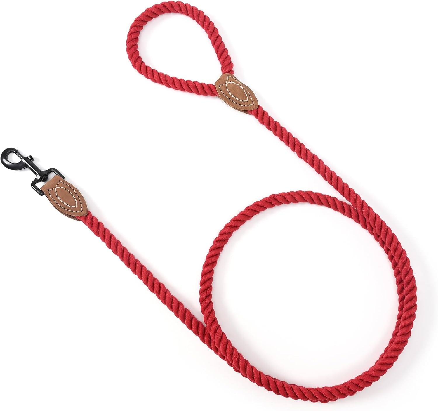 Dog Leash, Braided Cotton Rope Leashes with Leather Tailor Tip with Leather Tip - Heavy Duty Metal Clasp, 5FT, 1/2" Thick - Wedding, Walking Leash for Medium Large Dogs(Red)