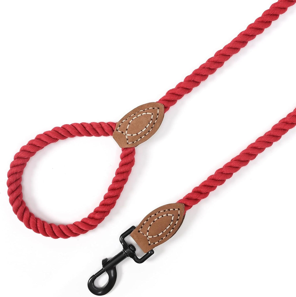 Dog Leash, Braided Cotton Rope Leashes with Leather Tailor Tip with Leather Tip - Heavy Duty Metal Clasp, 5FT, 1/2" Thick - Wedding, Walking Leash for Medium Large Dogs(Red)